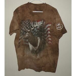 The Mountain Men’s Large SS T-Shirt Brown Tie Dye Elk Flag RMEF Made USA